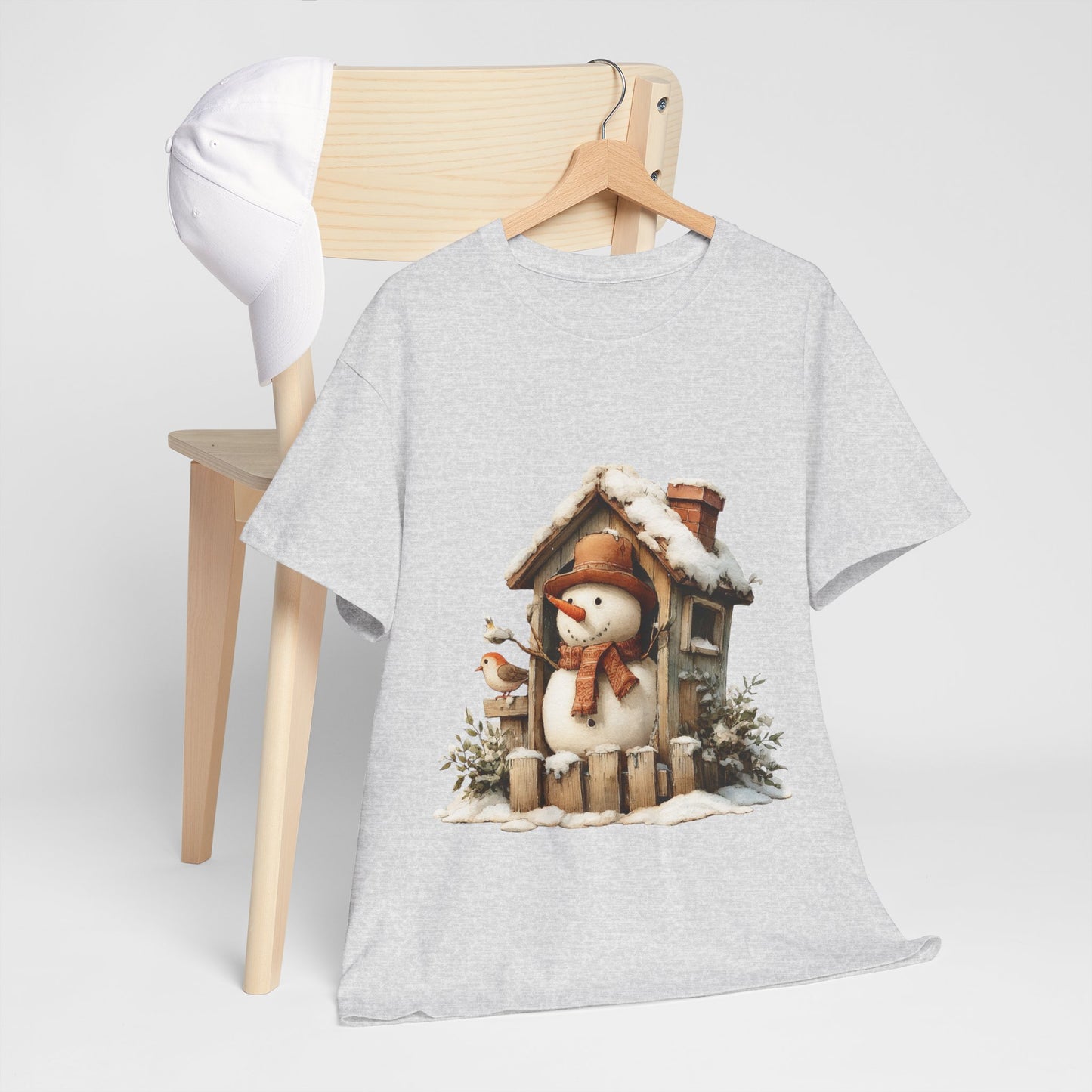 Cabin Porch Snowman Shirt - Rustic Snowman in Little House with Bird Tee, Cozy Winter Christmas T-Shirt