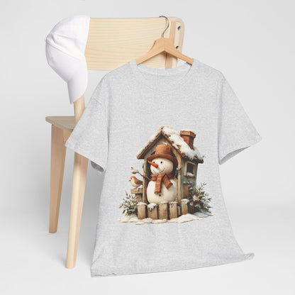 Cabin Porch Snowman Shirt - Rustic Snowman in Little House with Bird Tee, Cozy Winter Christmas T-Shirt