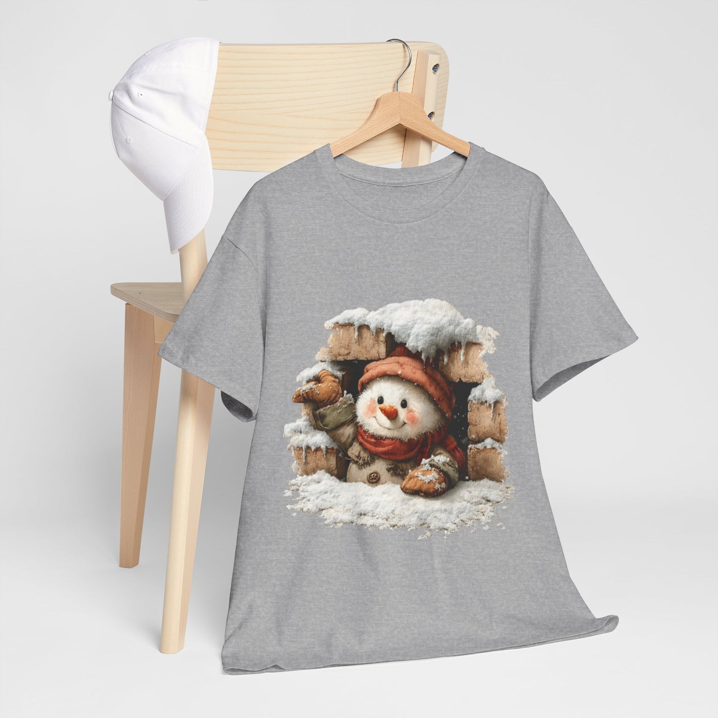Peeking Snowman Window Shirt - Cute Snowy Brick Window Snowman Tee, Beanie & Scarf Cozy Christmas T-Shirt, Rustic Holiday Gift
