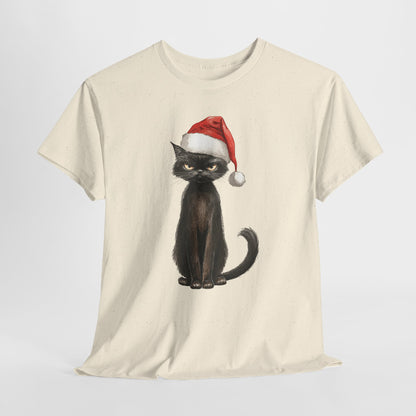 Christmas Black Cat Shirt - Funny Moody Kitty in Santa Hat Tee, Watercolor Holiday T-Shirt, Sarcastic Xmas Gift for Cat Lovers Men & Women