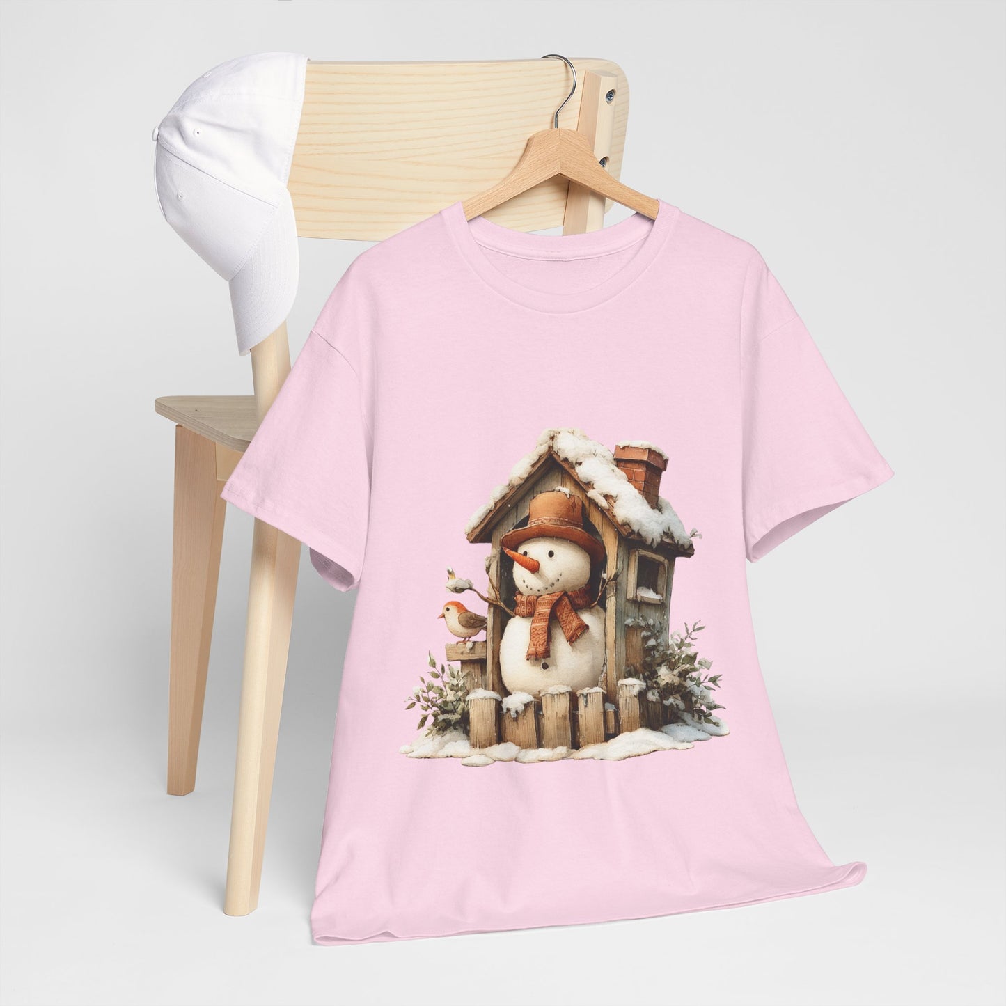 Cabin Porch Snowman Shirt - Rustic Snowman in Little House with Bird Tee, Cozy Winter Christmas T-Shirt