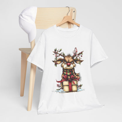 Grumpy Red-Nose Reindeer Shirt - Funny Christmas Reindeer with Gift & Plaid Scarf Tee, Sarcastic Holiday T-Shirt, Cozy Winter Gift
