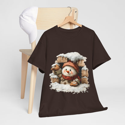 Peeking Snowman Window Shirt - Cute Snowy Brick Window Snowman Tee, Beanie & Scarf Cozy Christmas T-Shirt, Rustic Holiday Gift