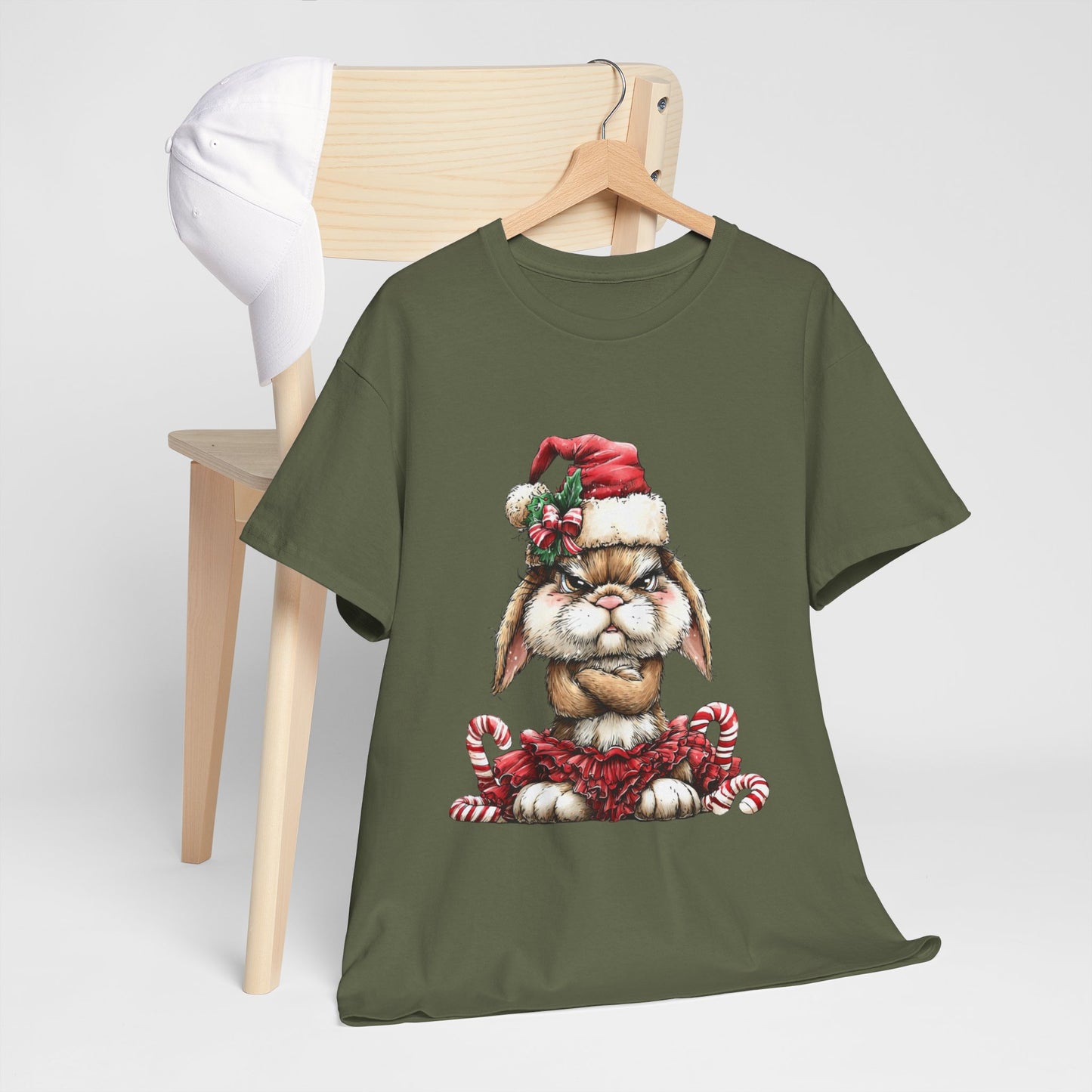 Grumpy Christmas Bunny Shirt - Funny Santa Hat Rabbit in Red Tutu Tee, Candy Cane Holiday T-Shirt, Cute Sarcastic Gift for Women & Men