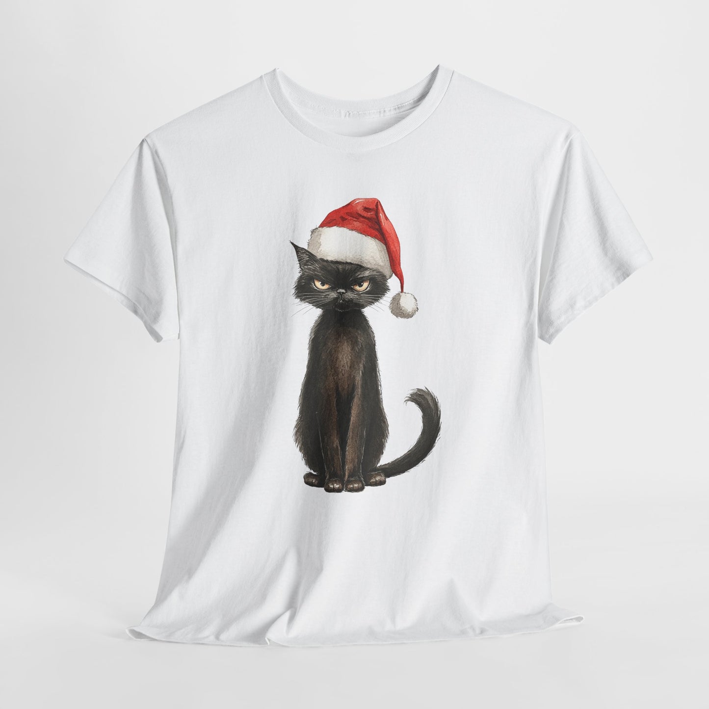 Christmas Black Cat Shirt - Funny Moody Kitty in Santa Hat Tee, Watercolor Holiday T-Shirt, Sarcastic Xmas Gift for Cat Lovers Men & Women