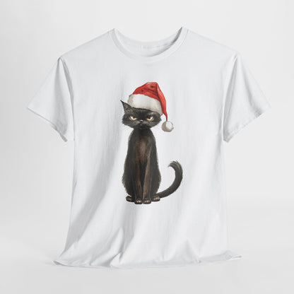Christmas Black Cat Shirt - Funny Moody Kitty in Santa Hat Tee, Watercolor Holiday T-Shirt, Sarcastic Xmas Gift for Cat Lovers Men & Women