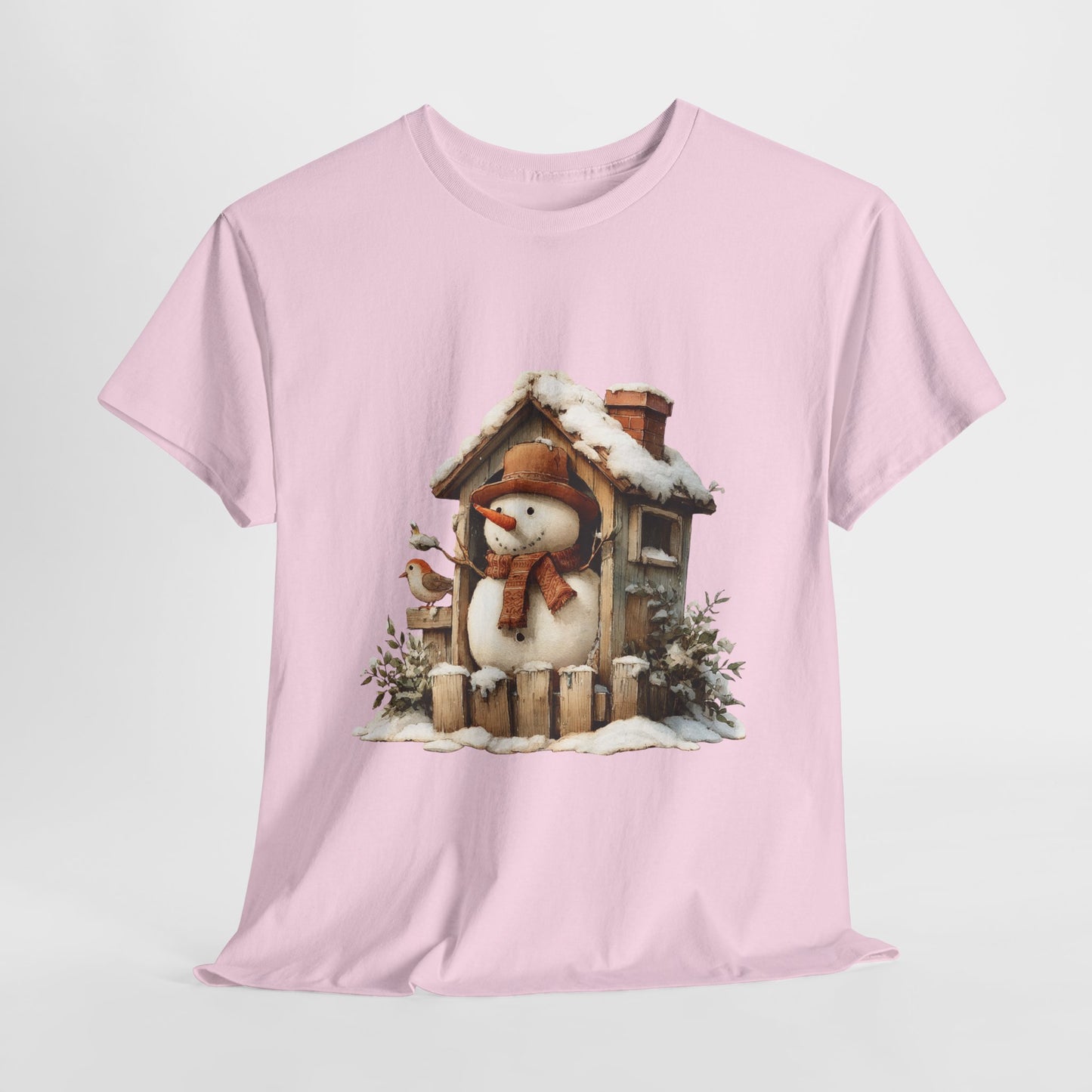 Cabin Porch Snowman Shirt - Rustic Snowman in Little House with Bird Tee, Cozy Winter Christmas T-Shirt