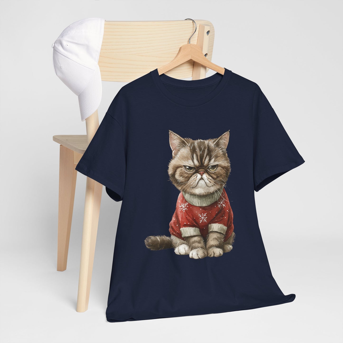 Christmas Grumpy Cat Shirt - Funny Moody Kitty in Red Snowflake Sweater Tee, Cute Winter Watercolor T-Shirt, Holiday Gift for Cat Lovers