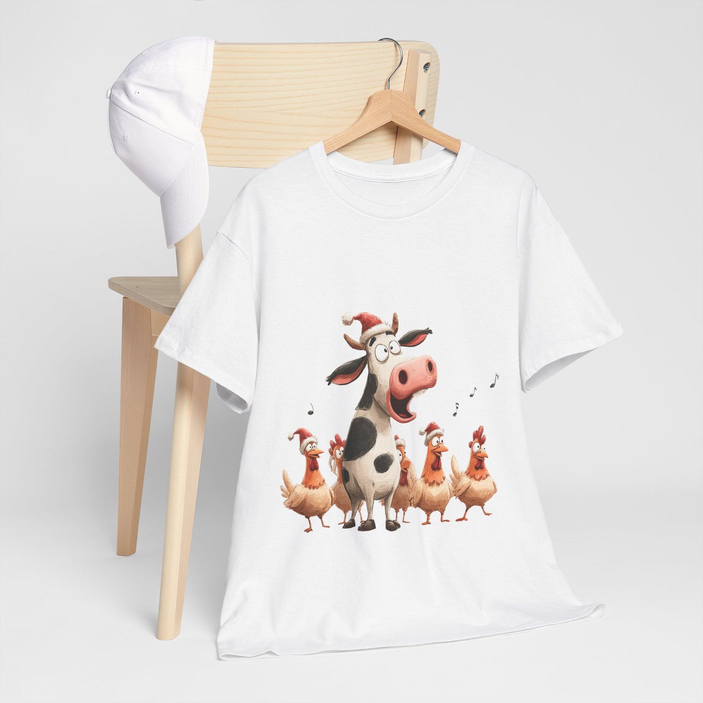 Cow & Chicken Carolers Shirt - Funny Christmas Farm Choir Tee, Singing Santa Hat Animals T-Shirt, Holiday Gift for Men and Women