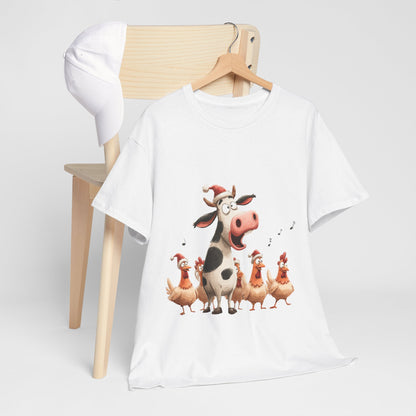 Cow & Chicken Carolers Shirt - Funny Christmas Farm Choir Tee, Singing Santa Hat Animals T-Shirt, Holiday Gift for Men and Women