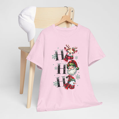 Ho Ho Ho Christmas Shirt - Cute Reindeer, Santa & Snowman Tee, Tartan Plaid Holiday T-Shirt with Snowflakes, Festive Family Matching Gift