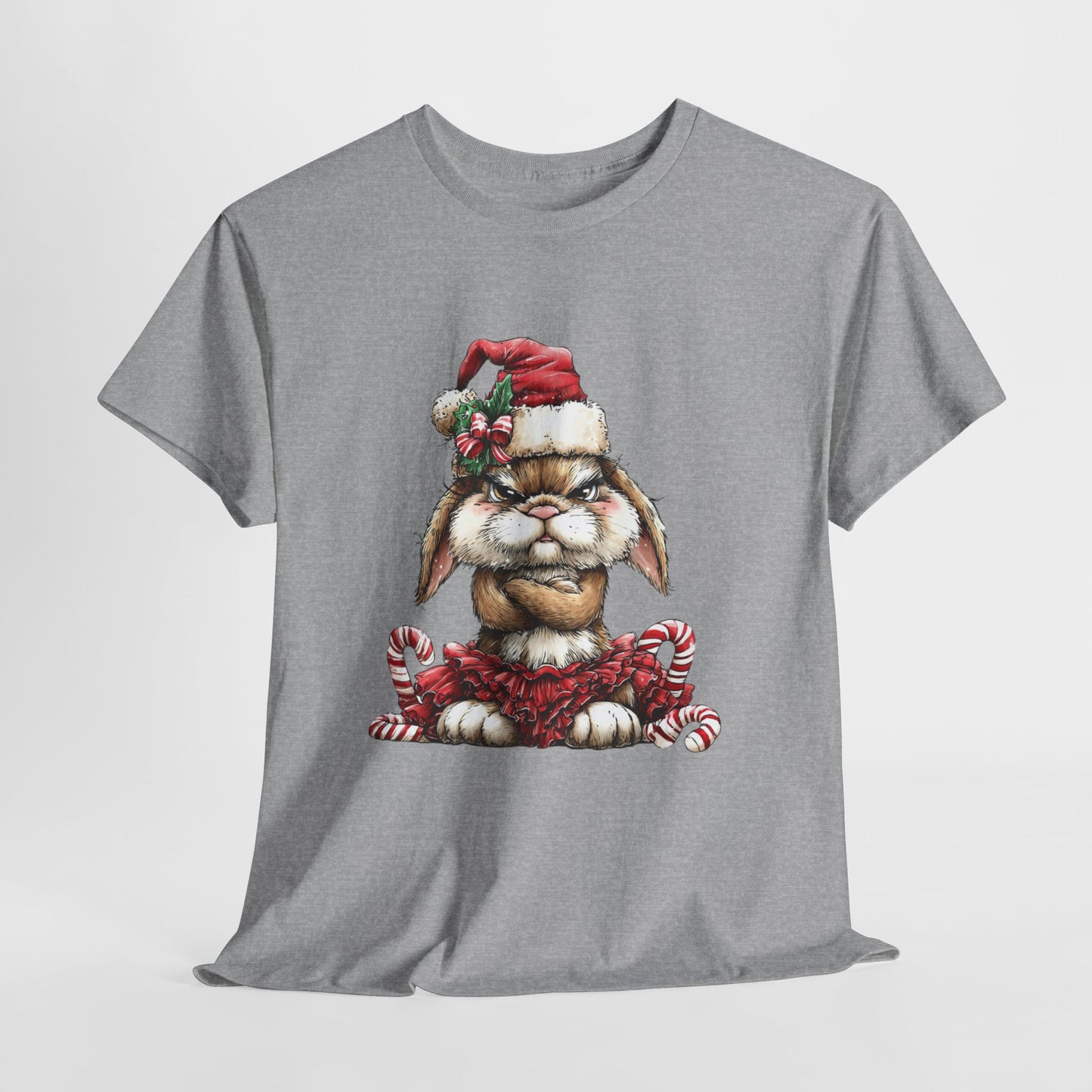Grumpy Christmas Bunny Shirt - Funny Santa Hat Rabbit in Red Tutu Tee, Candy Cane Holiday T-Shirt, Cute Sarcastic Gift for Women & Men