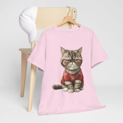 Christmas Grumpy Cat Shirt - Funny Moody Kitty in Red Snowflake Sweater Tee, Cute Winter Watercolor T-Shirt, Holiday Gift for Cat Lovers