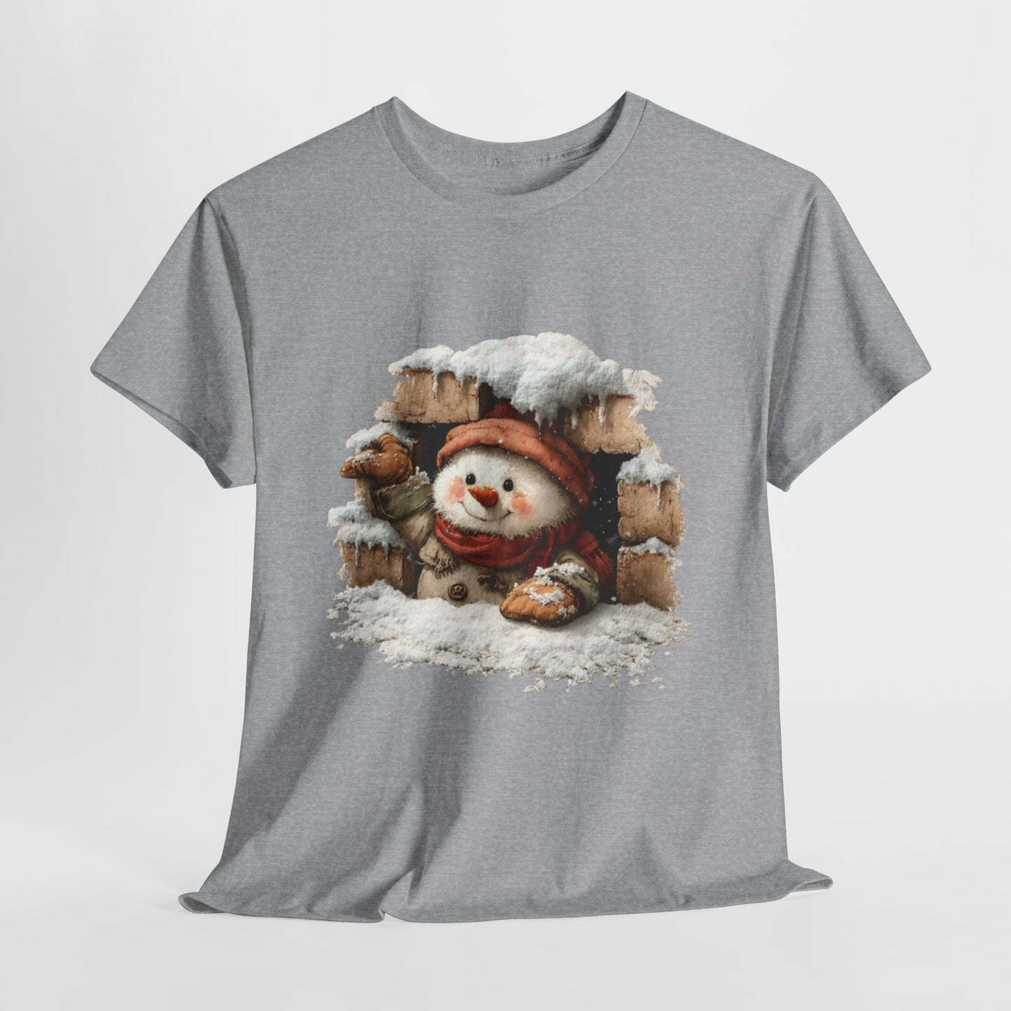 Peeking Snowman Window Shirt - Cute Snowy Brick Window Snowman Tee, Beanie & Scarf Cozy Christmas T-Shirt, Rustic Holiday Gift