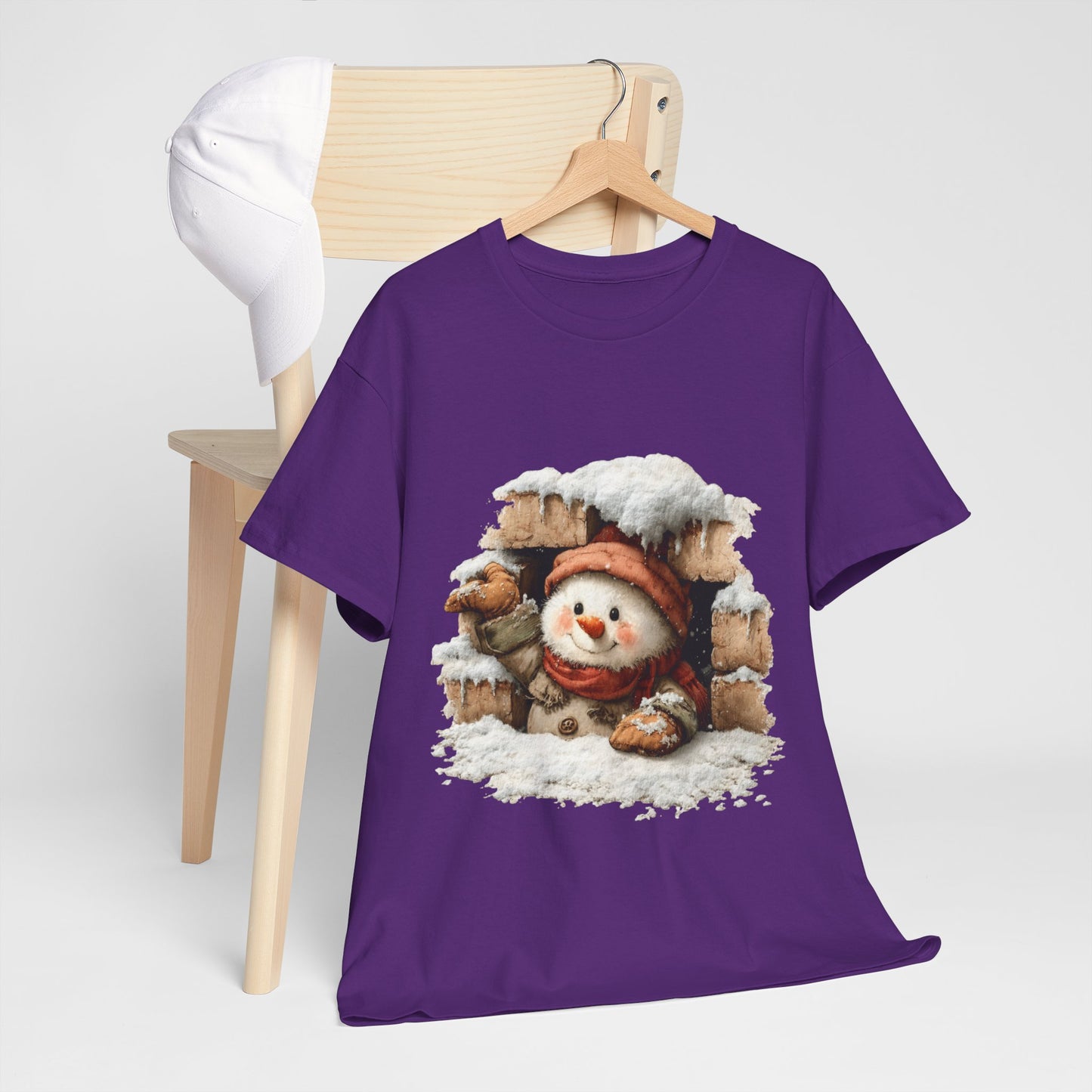 Peeking Snowman Window Shirt - Cute Snowy Brick Window Snowman Tee, Beanie & Scarf Cozy Christmas T-Shirt, Rustic Holiday Gift