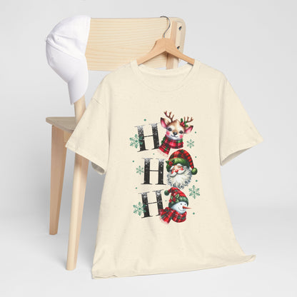 Ho Ho Ho Christmas Shirt - Cute Reindeer, Santa & Snowman Tee, Tartan Plaid Holiday T-Shirt with Snowflakes, Festive Family Matching Gift