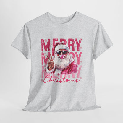 Cool Santa Bubblegum Shirt - Pink Merry Christmas Aesthetic Tee, Retro Peace Sign Santa T-Shirt, Funny Holiday Gift for Women & Men