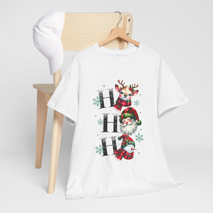 Ho Ho Ho Christmas Shirt - Cute Reindeer, Santa & Snowman Tee, Tartan Plaid Holiday T-Shirt with Snowflakes, Festive Family Matching Gift
