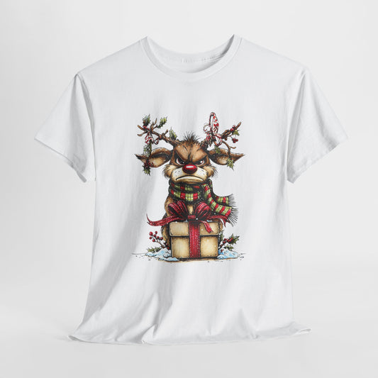 Grumpy Red-Nose Reindeer Shirt - Funny Christmas Reindeer with Gift & Plaid Scarf Tee, Sarcastic Holiday T-Shirt, Cozy Winter Gift