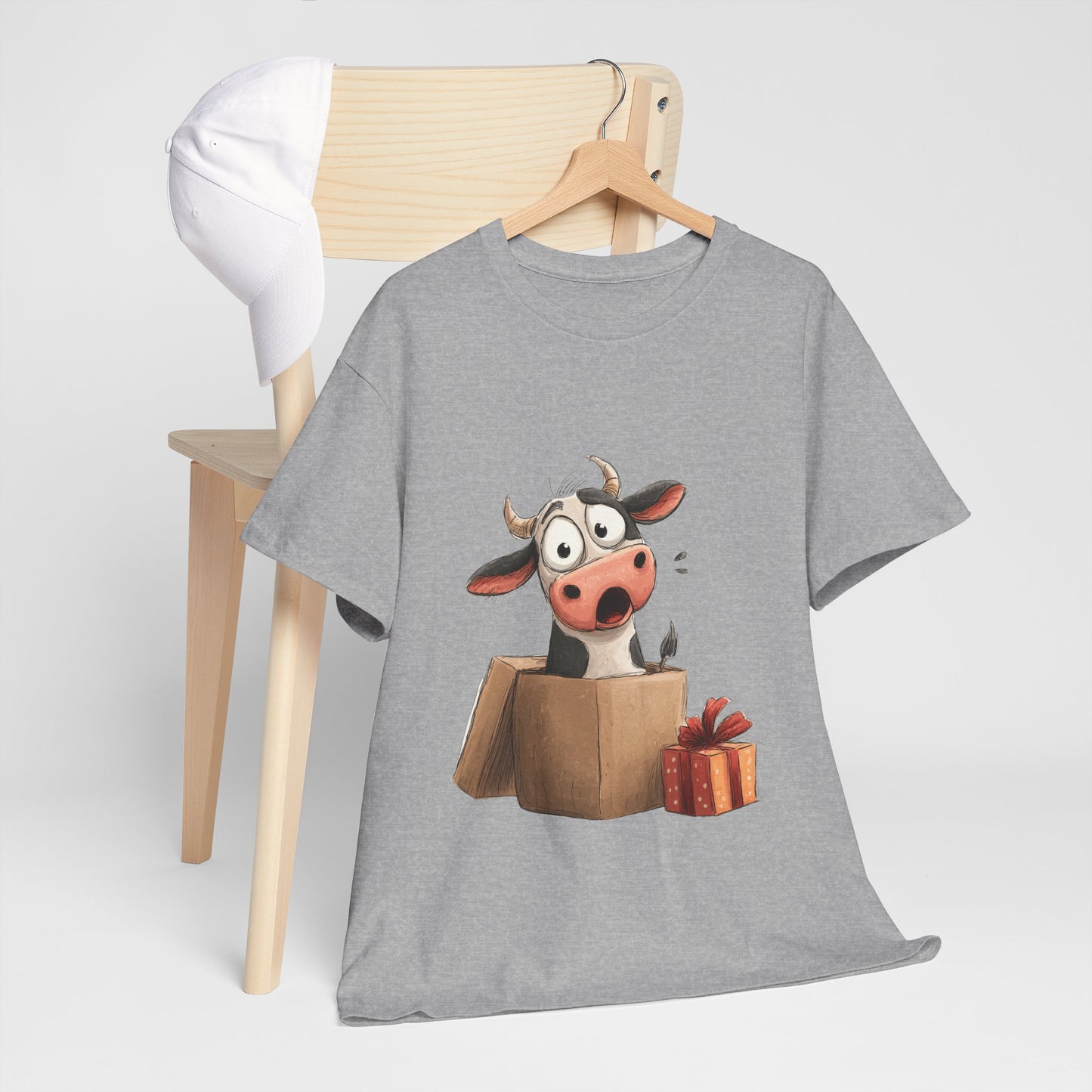 Cow in a Gift Box Shirt - Funny Christmas Surprise Moo Tee, Cute Cartoon Dairy Cow T-Shirt with Present and Bow
