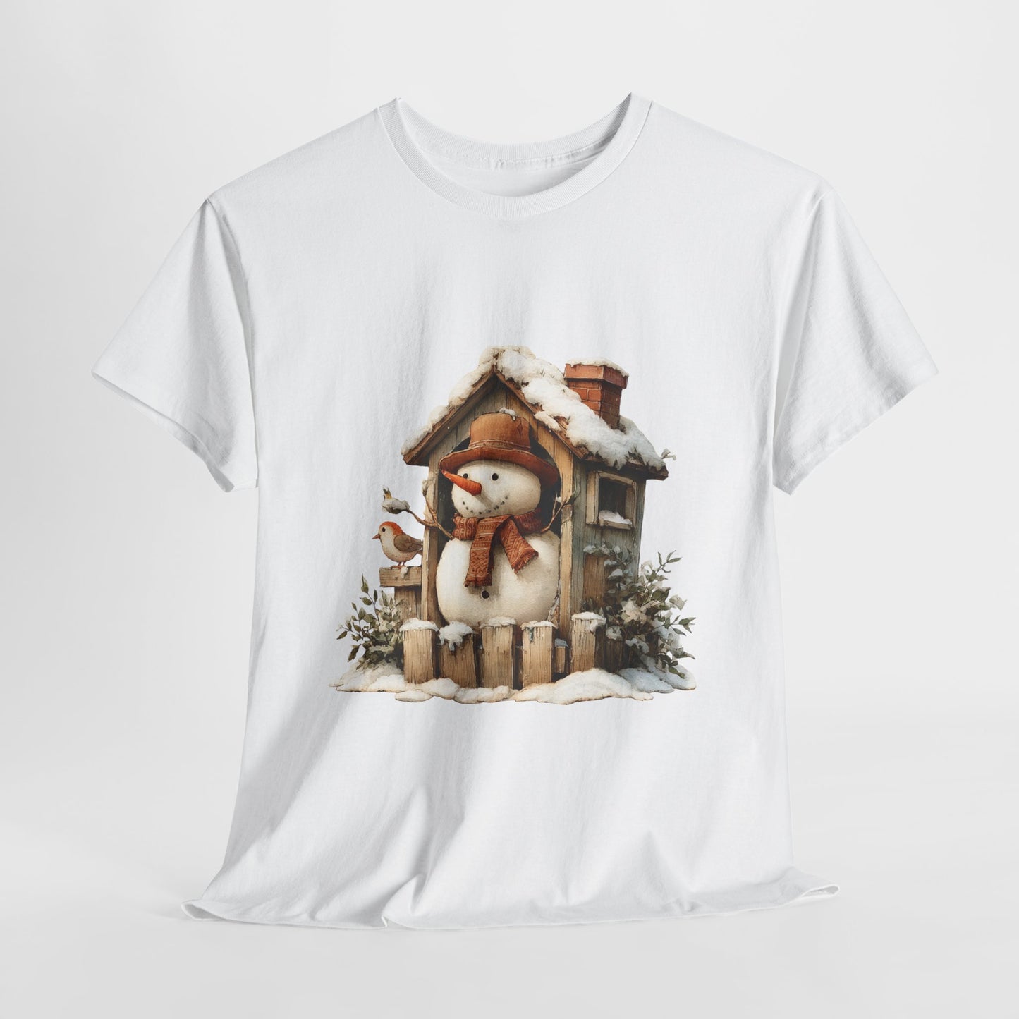 Cabin Porch Snowman Shirt - Rustic Snowman in Little House with Bird Tee, Cozy Winter Christmas T-Shirt