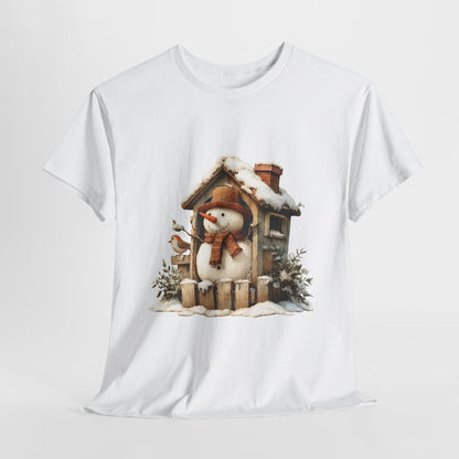 Cabin Porch Snowman Shirt - Rustic Snowman in Little House with Bird Tee, Cozy Winter Christmas T-Shirt