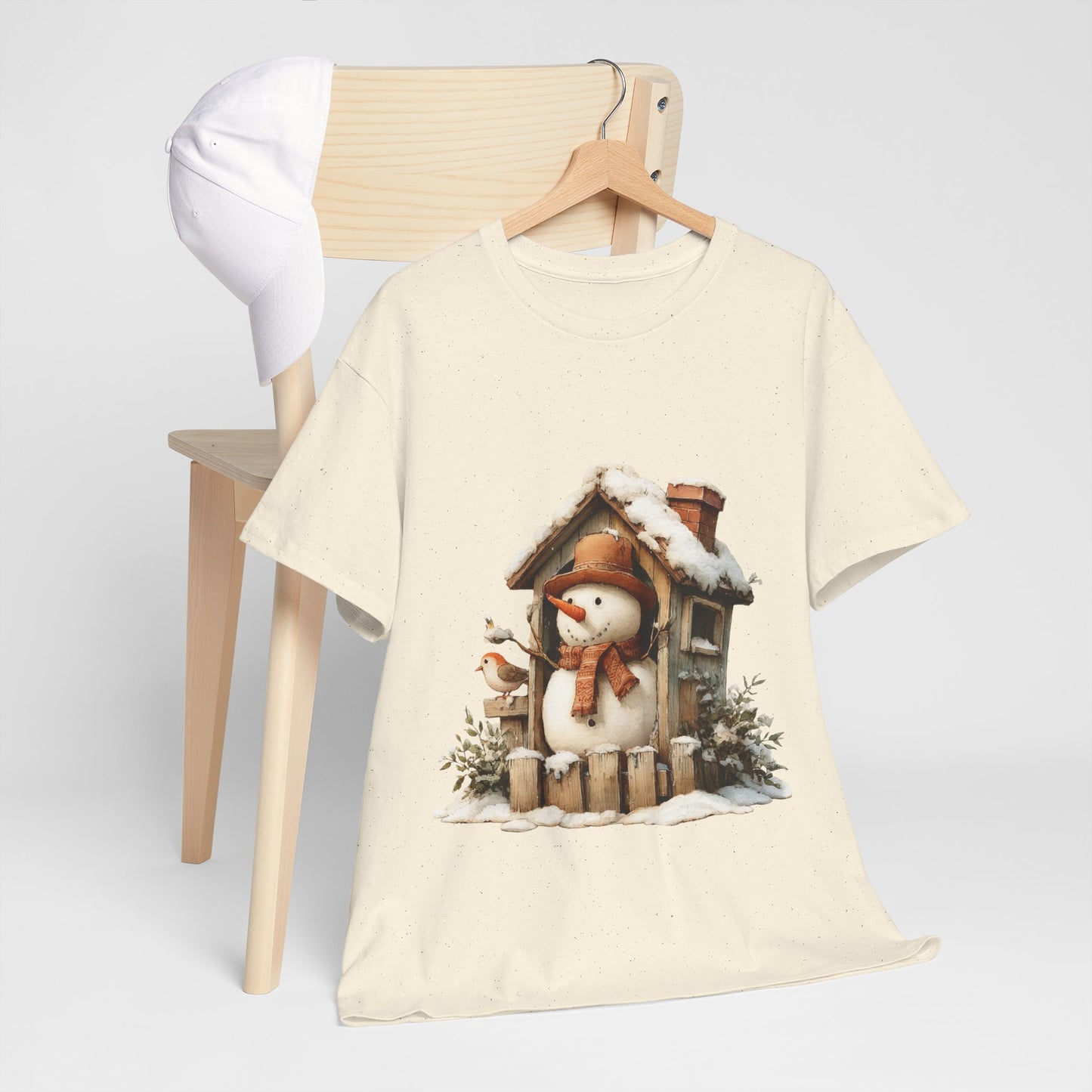 Cabin Porch Snowman Shirt - Rustic Snowman in Little House with Bird Tee, Cozy Winter Christmas T-Shirt