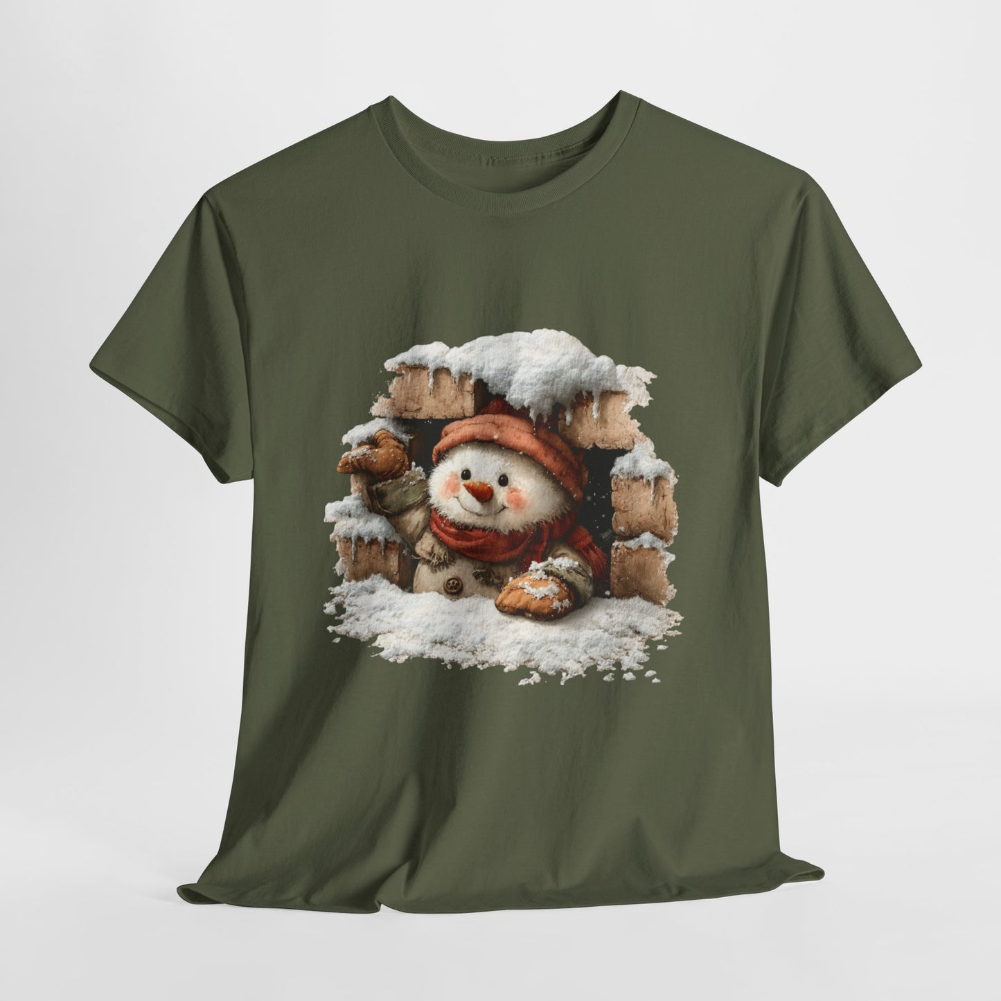 Peeking Snowman Window Shirt - Cute Snowy Brick Window Snowman Tee, Beanie & Scarf Cozy Christmas T-Shirt, Rustic Holiday Gift
