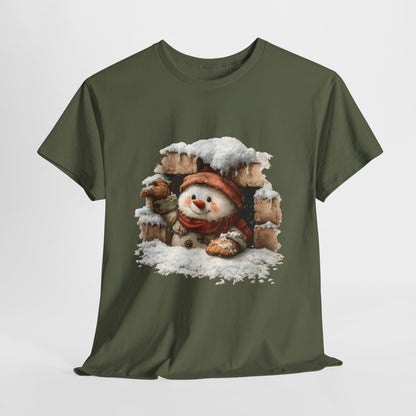 Peeking Snowman Window Shirt - Cute Snowy Brick Window Snowman Tee, Beanie & Scarf Cozy Christmas T-Shirt, Rustic Holiday Gift