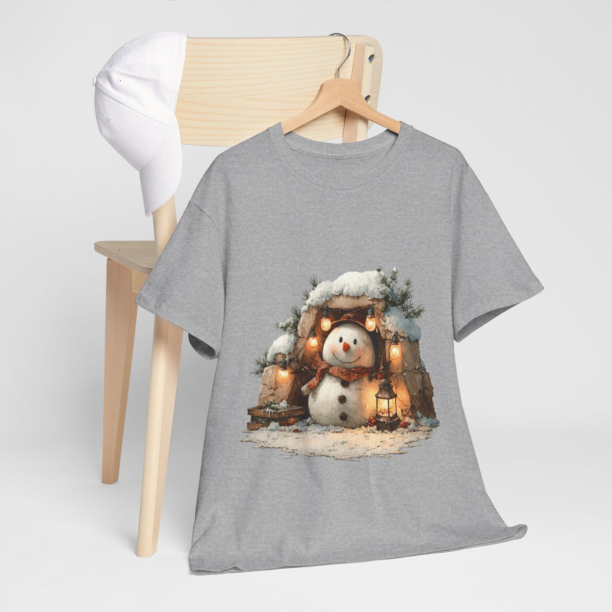 Cozy Lantern Snowman Shirt - Rustic Christmas Snowman with String Lights Tee, Winter Cabin Aesthetic T-Shirt, Cute Holiday Gift