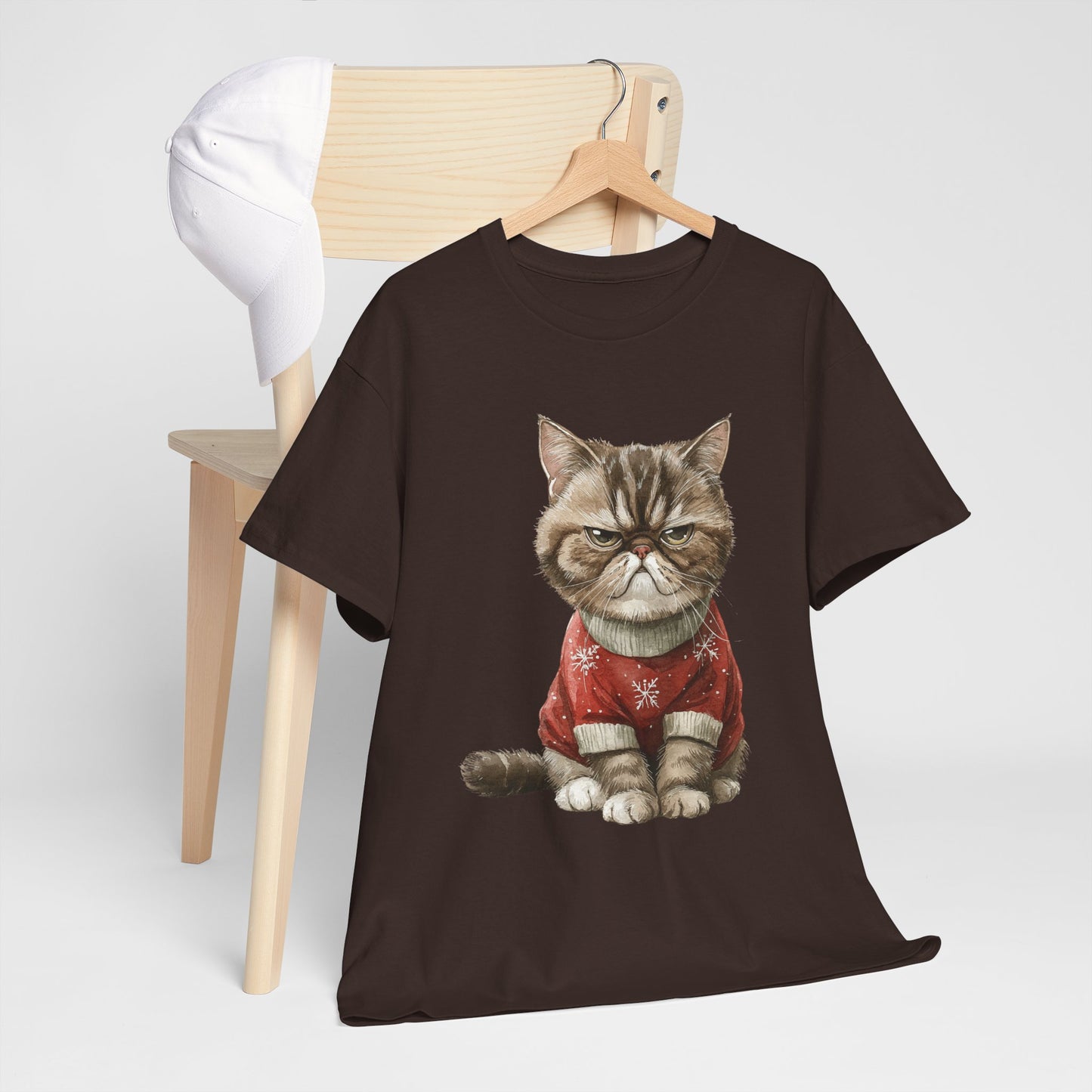 Christmas Grumpy Cat Shirt - Funny Moody Kitty in Red Snowflake Sweater Tee, Cute Winter Watercolor T-Shirt, Holiday Gift for Cat Lovers