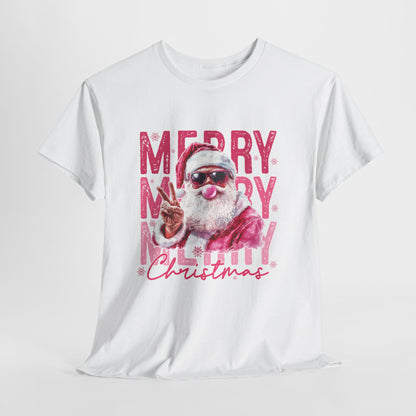Cool Santa Bubblegum Shirt - Pink Merry Christmas Aesthetic Tee, Retro Peace Sign Santa T-Shirt, Funny Holiday Gift for Women & Men