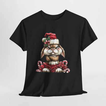 Grumpy Christmas Bunny Shirt - Funny Santa Hat Rabbit in Red Tutu Tee, Candy Cane Holiday T-Shirt, Cute Sarcastic Gift for Women & Men