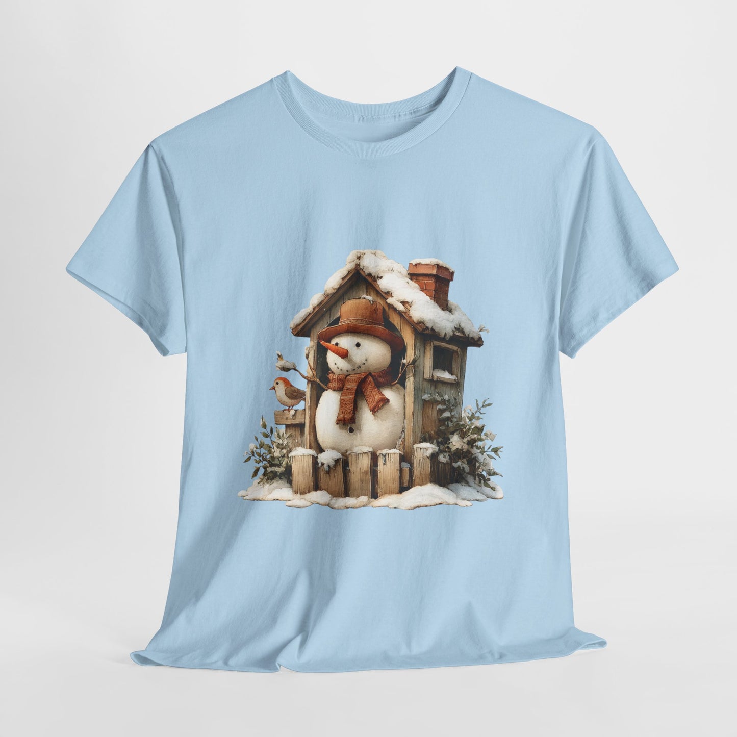 Cabin Porch Snowman Shirt - Rustic Snowman in Little House with Bird Tee, Cozy Winter Christmas T-Shirt