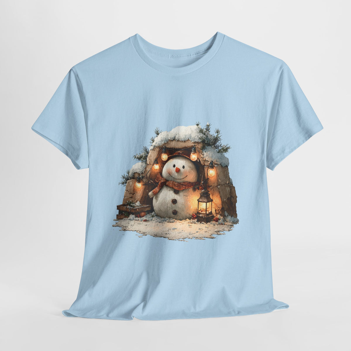 Cozy Lantern Snowman Shirt - Rustic Christmas Snowman with String Lights Tee, Winter Cabin Aesthetic T-Shirt, Cute Holiday Gift