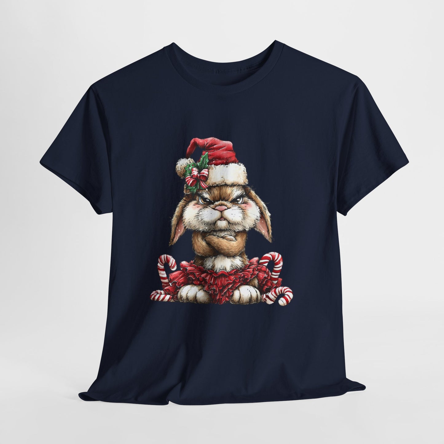 Grumpy Christmas Bunny Shirt - Funny Santa Hat Rabbit in Red Tutu Tee, Candy Cane Holiday T-Shirt, Cute Sarcastic Gift for Women & Men