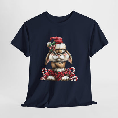 Grumpy Christmas Bunny Shirt - Funny Santa Hat Rabbit in Red Tutu Tee, Candy Cane Holiday T-Shirt, Cute Sarcastic Gift for Women & Men