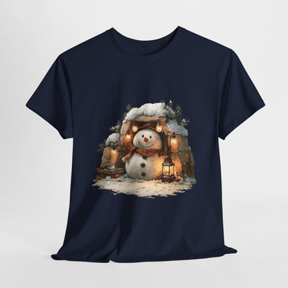 Cozy Lantern Snowman Shirt - Rustic Christmas Snowman with String Lights Tee, Winter Cabin Aesthetic T-Shirt, Cute Holiday Gift