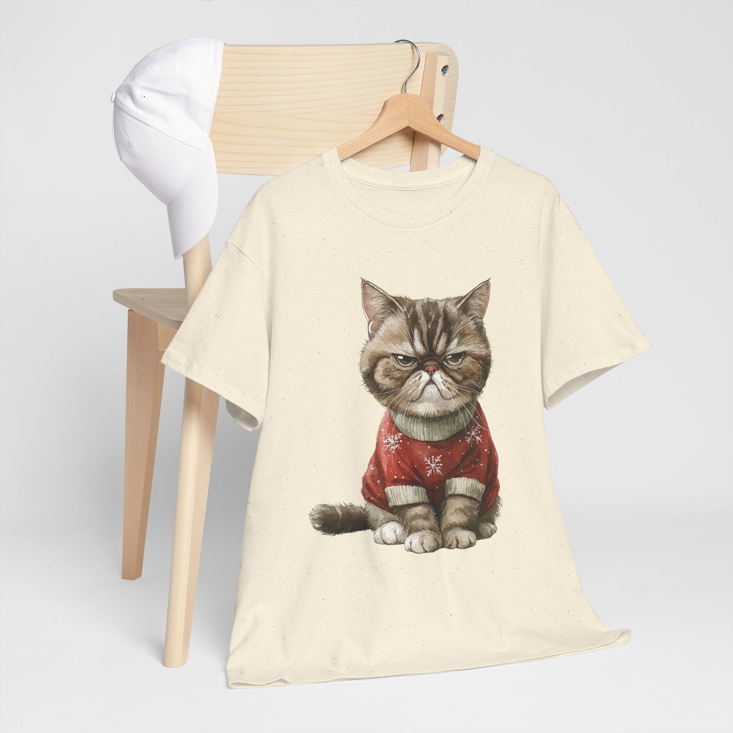 Christmas Grumpy Cat Shirt - Funny Moody Kitty in Red Snowflake Sweater Tee, Cute Winter Watercolor T-Shirt, Holiday Gift for Cat Lovers