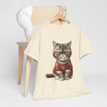 Christmas Grumpy Cat Shirt - Funny Moody Kitty in Red Snowflake Sweater Tee, Cute Winter Watercolor T-Shirt, Holiday Gift for Cat Lovers