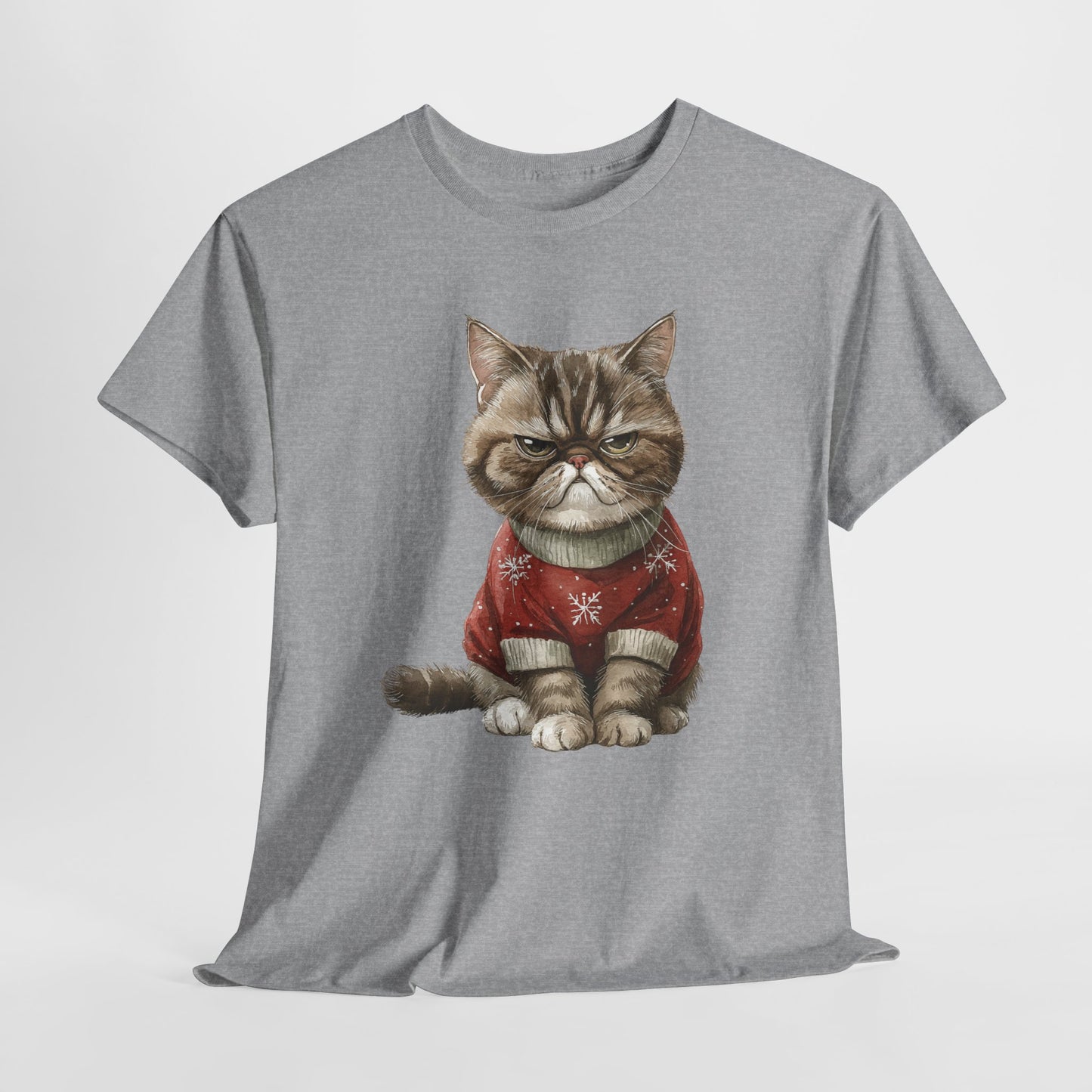 Christmas Grumpy Cat Shirt - Funny Moody Kitty in Red Snowflake Sweater Tee, Cute Winter Watercolor T-Shirt, Holiday Gift for Cat Lovers
