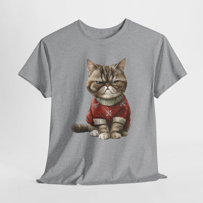 Christmas Grumpy Cat Shirt - Funny Moody Kitty in Red Snowflake Sweater Tee, Cute Winter Watercolor T-Shirt, Holiday Gift for Cat Lovers