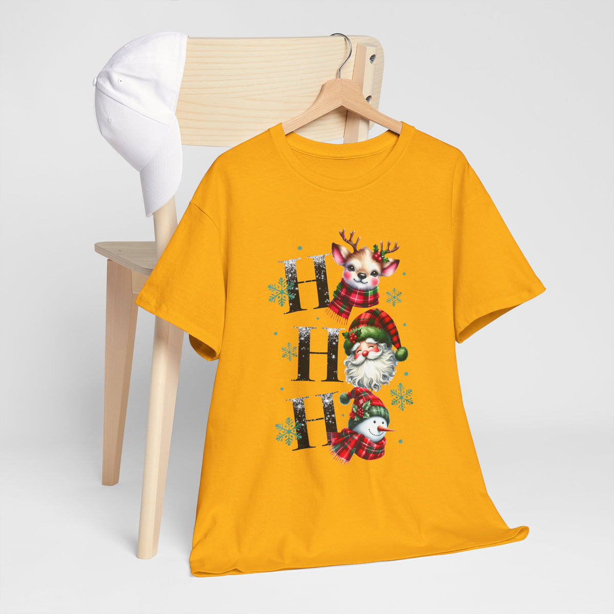 Ho Ho Ho Christmas Shirt - Cute Reindeer, Santa & Snowman Tee, Tartan Plaid Holiday T-Shirt with Snowflakes, Festive Family Matching Gift