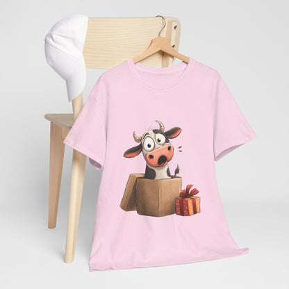 Cow in a Gift Box Shirt - Funny Christmas Surprise Moo Tee, Cute Cartoon Dairy Cow T-Shirt with Present and Bow