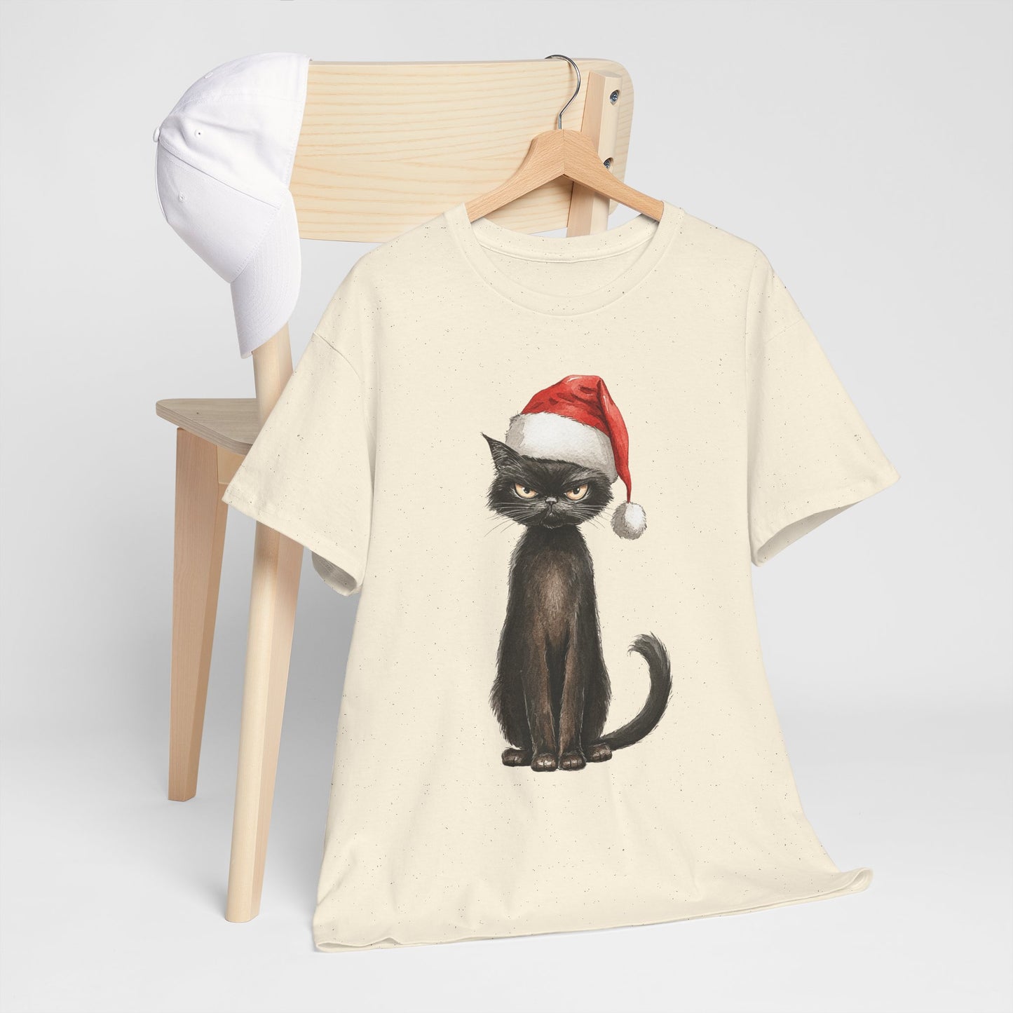 Christmas Black Cat Shirt - Funny Moody Kitty in Santa Hat Tee, Watercolor Holiday T-Shirt, Sarcastic Xmas Gift for Cat Lovers Men & Women