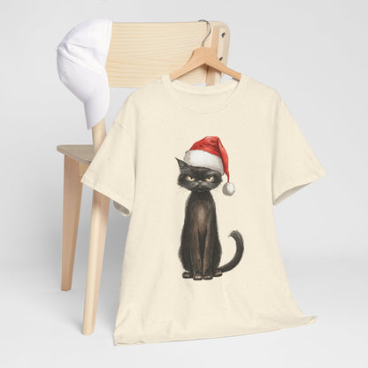 Christmas Black Cat Shirt - Funny Moody Kitty in Santa Hat Tee, Watercolor Holiday T-Shirt, Sarcastic Xmas Gift for Cat Lovers Men & Women