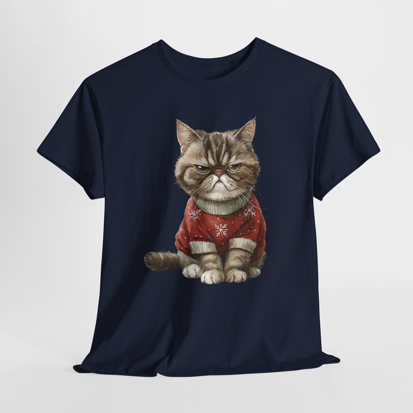 Christmas Grumpy Cat Shirt - Funny Moody Kitty in Red Snowflake Sweater Tee, Cute Winter Watercolor T-Shirt, Holiday Gift for Cat Lovers