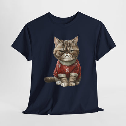 Christmas Grumpy Cat Shirt - Funny Moody Kitty in Red Snowflake Sweater Tee, Cute Winter Watercolor T-Shirt, Holiday Gift for Cat Lovers