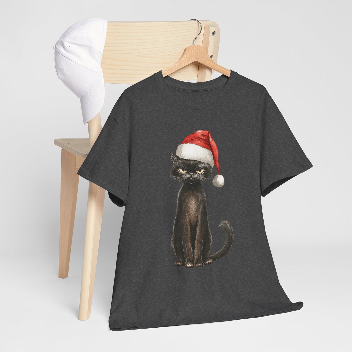 Christmas Black Cat Shirt - Funny Moody Kitty in Santa Hat Tee, Watercolor Holiday T-Shirt, Sarcastic Xmas Gift for Cat Lovers Men & Women