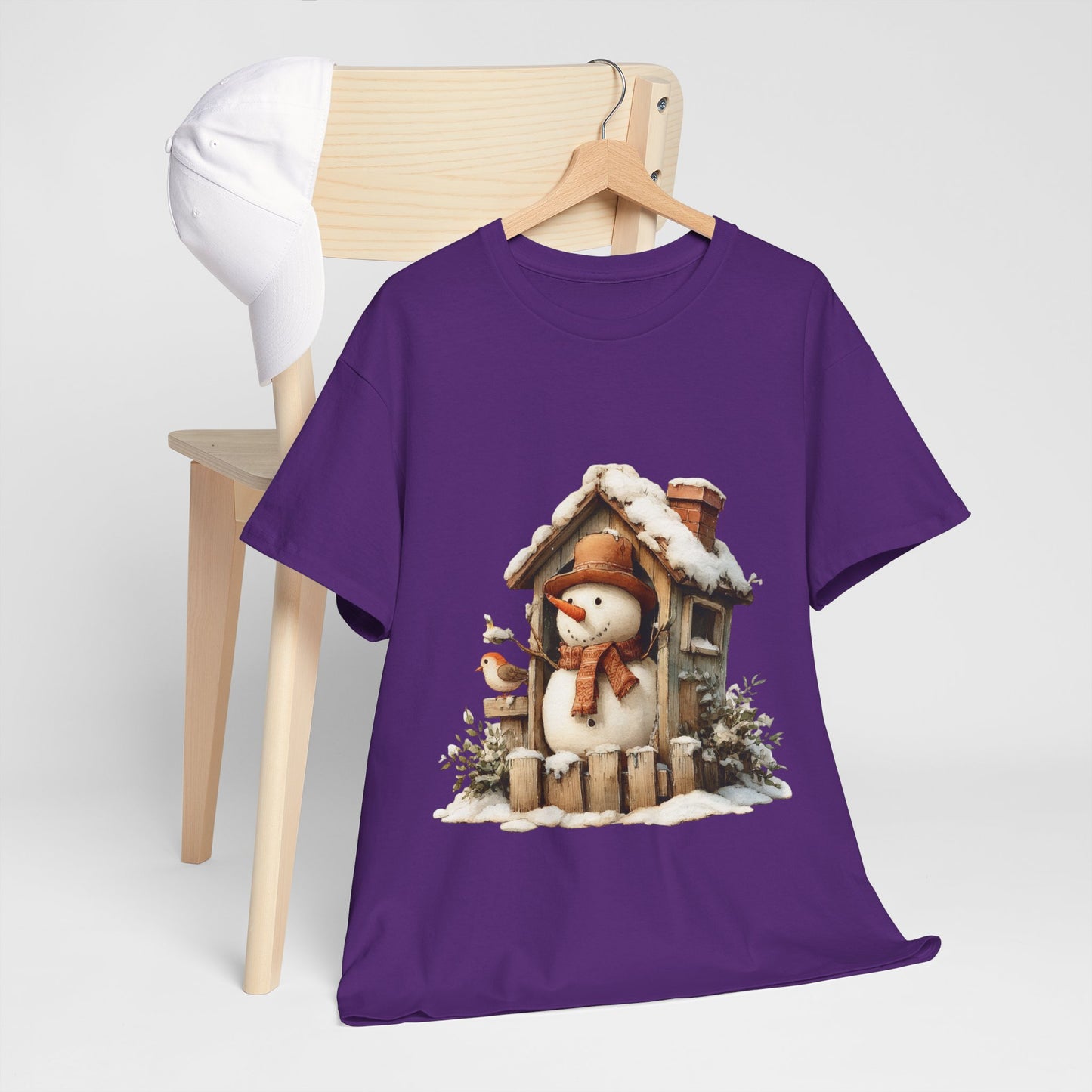Cabin Porch Snowman Shirt - Rustic Snowman in Little House with Bird Tee, Cozy Winter Christmas T-Shirt